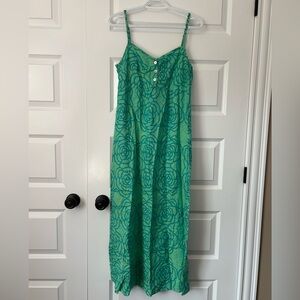 Flax Linen Teal Green Rose Floral Maxi Vacation Dress